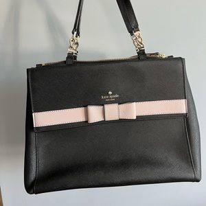 Kate Spade Black Leather TOTE BAG with with a Cream Pink Bow